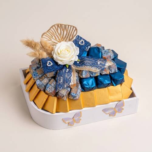 Heart-Shaped Box with Blue Bow & Butterflies