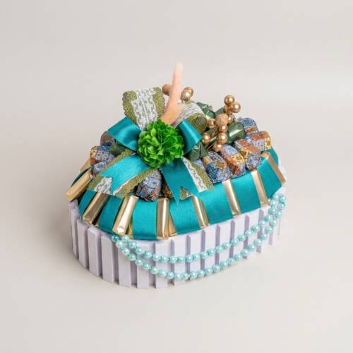 Oval Picket Box with Teal Ribbons & Pearls