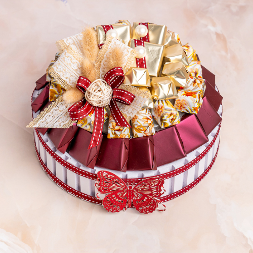 Rounded-Shaped Box with Red Bow & Butterflies